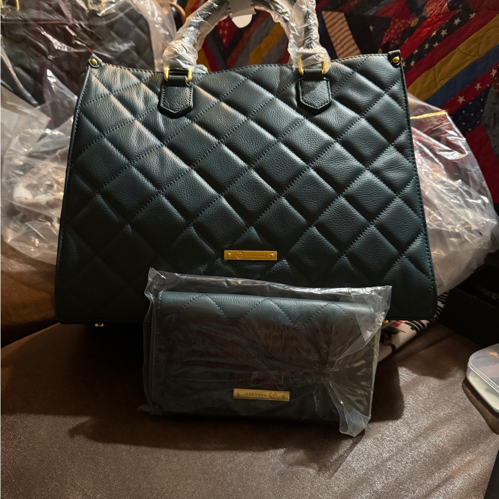 Joy Mangano Quilted Dark Green Tote Set